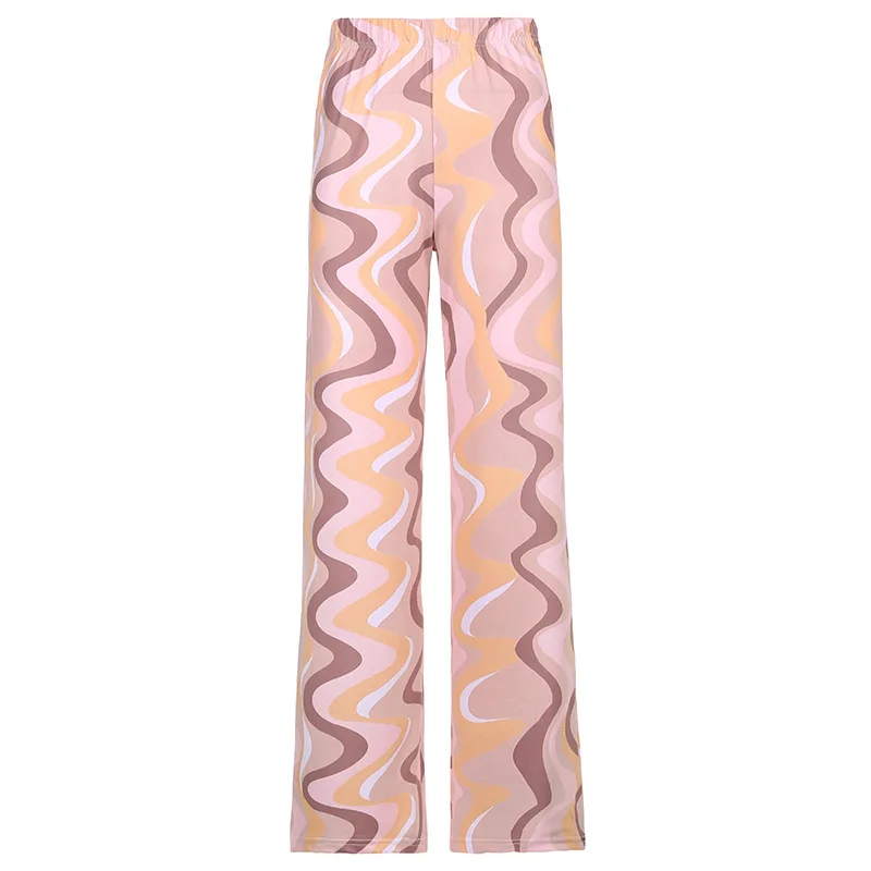 

Vintage Straight Wave High Waist Women Pants Pink Print Streetwear Casual Female Spring Summer Pants Fashion 2021