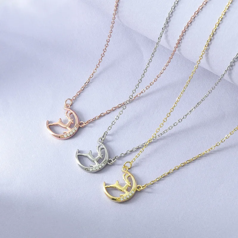 

Ожерелье с милыми животными для женщин, темпераментная подвеска Стразы в виде Луны и лося, ювелирные изделия для дня рождения для девочек
