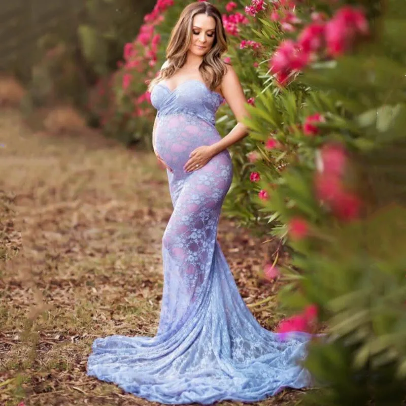 Vestido de encaje sin hombros para fotograf&iacute;a de mujeres, maxivestido de maternidad para sesi&oacute;n de fotos del embarazo-1