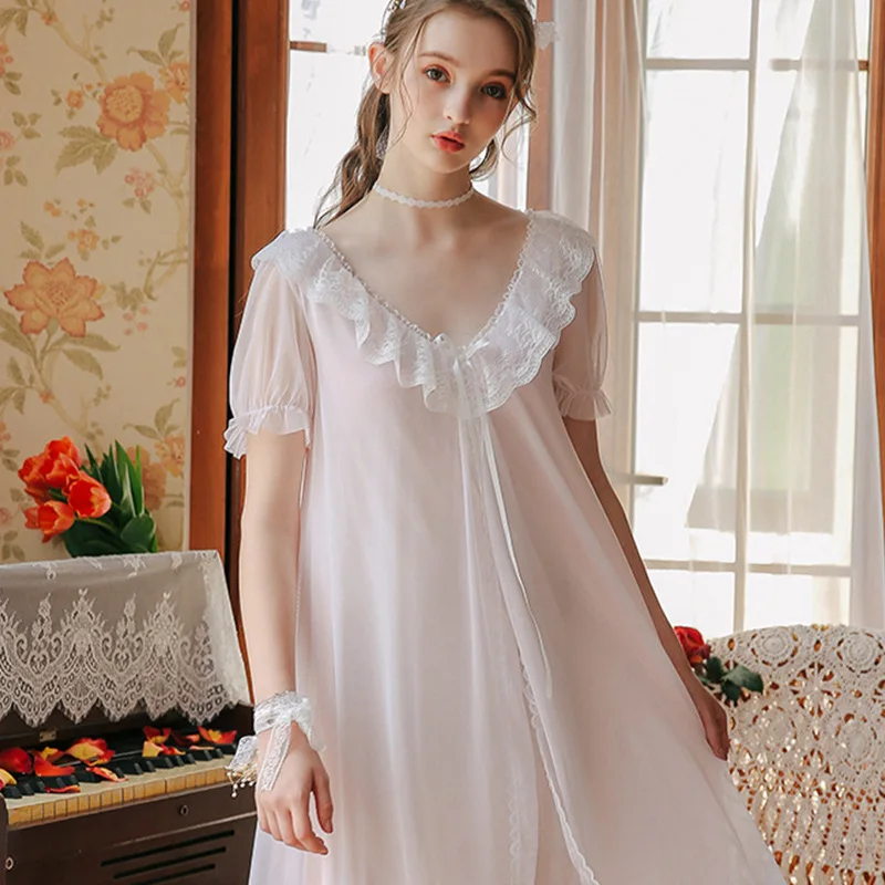Roseheart Women Homewear White Pink Sexy Sleepwear Nightdress V Neck Lace Nightwear Long Luxury Nightgown Female Court Gown