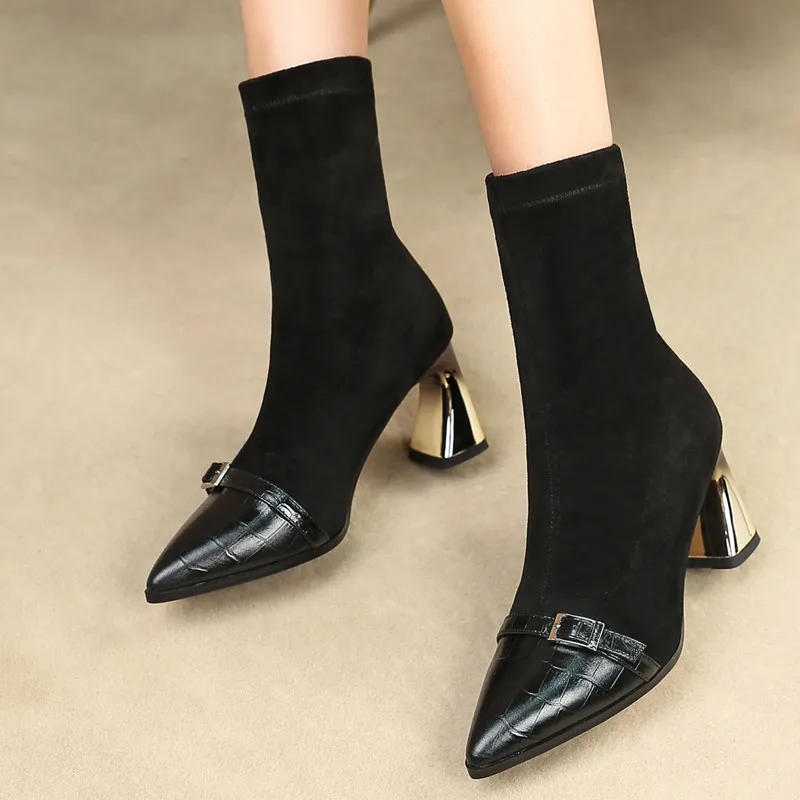 Buonoscarpe Pointed Casual Boots Elastic High-heeled Trend Black Women's Shoes 2019 Autumn And Winter Bare Ladies | Обувь