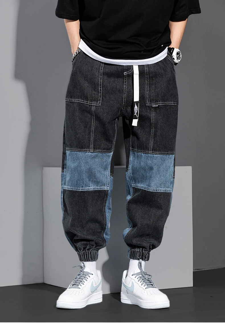 

Осенние контрастные джинсы ICCLEK, мужские свободные брюки-султанки в стиле ретро, потертые повседневные брюки, узкие джинсы, расклешенные джи...