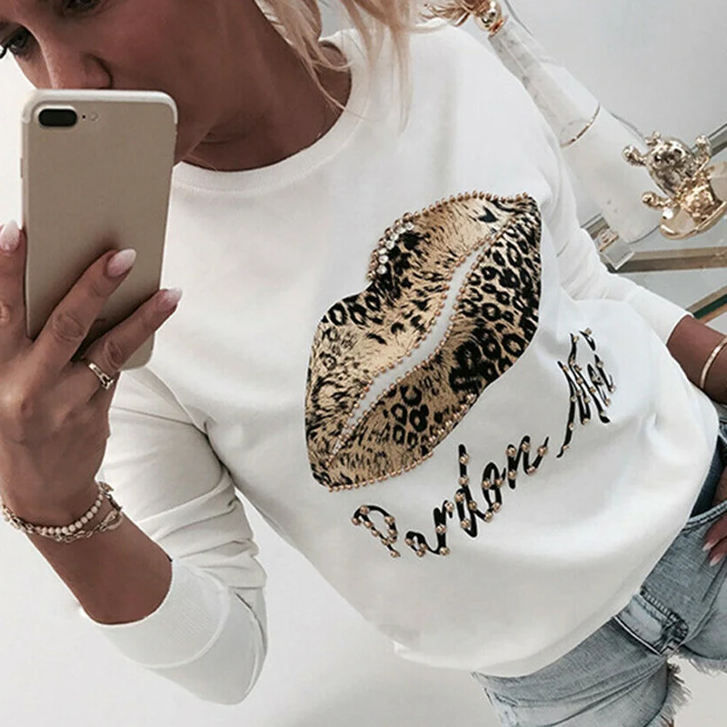 Women Sequins Lips Print Fashionable Sweatshirt Autumn Leopard Long Sleeve Beading Hoodie Lady O-neck Kawaii Sweatshirt Hoodies