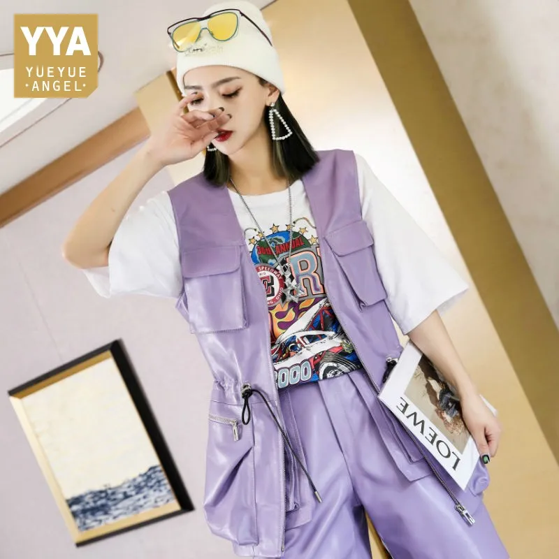 

Sweet Vest Women Multi-pockets V-Neck Real Leather Outerwear Korean Style Elegant Slim Drawstring Sleeveless Jacket Female
