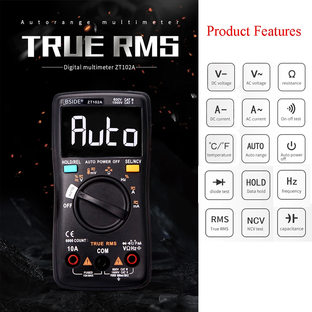 

Tester BSIDE 6000Counts Digital Multimeter Handheld Auto Range Electrical Test Diagnostic Machine with True RMS EBTN LCD Display