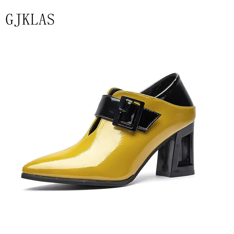 

Microfiber Leather High Heels New British Style Women Shoes Buckle Strape Pointed Toe Square Heel Female Footware Black Yellow