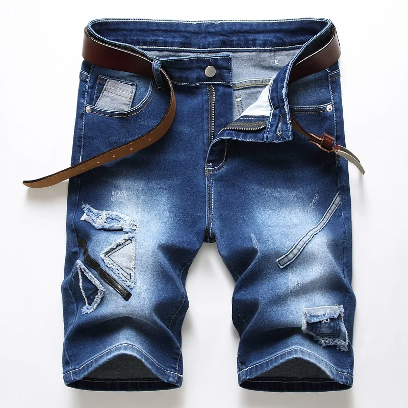 

Straight Shorts Men's Patchwork Jeans Shorts Mid Waist Washed Men Casual Shorts Daily Patch Shorts Denim Five-point Pants