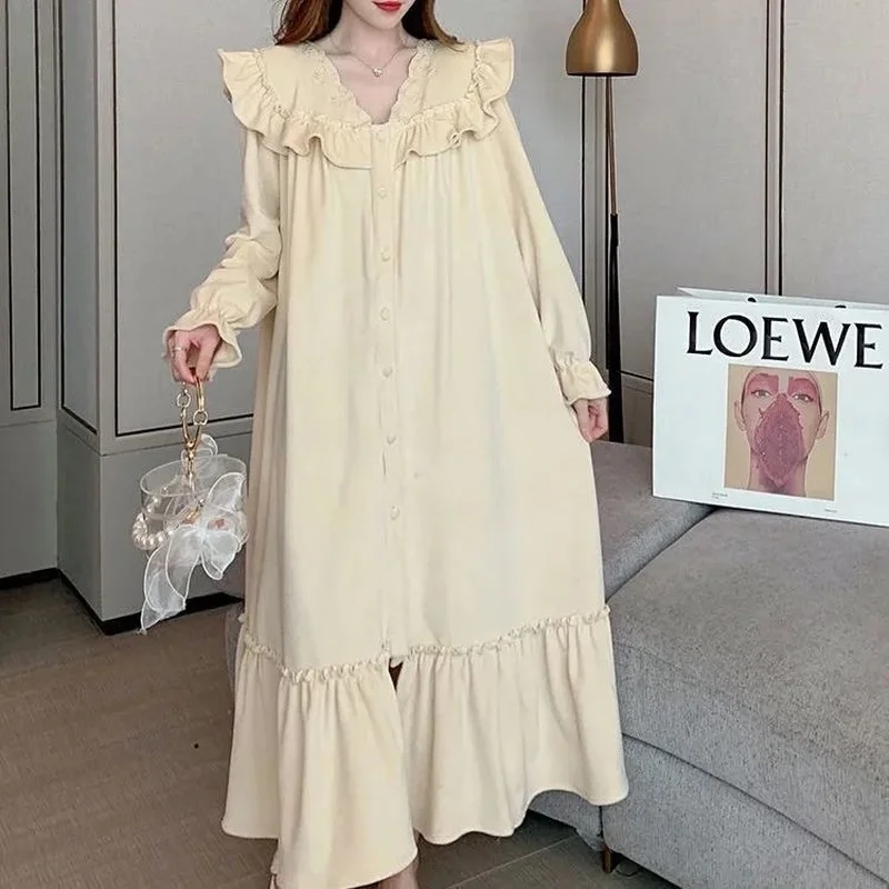 QWEEK Sleepwear Women Sexy Night Dress Winter Golden Velvet Nightgowns Nightwear Princess Style Ruffles Sleepshirts Solid Color