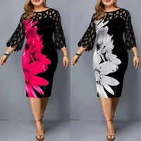 sexy women dress o neck digital floral print 34 mesh sleeve bodycon plus size dress for party