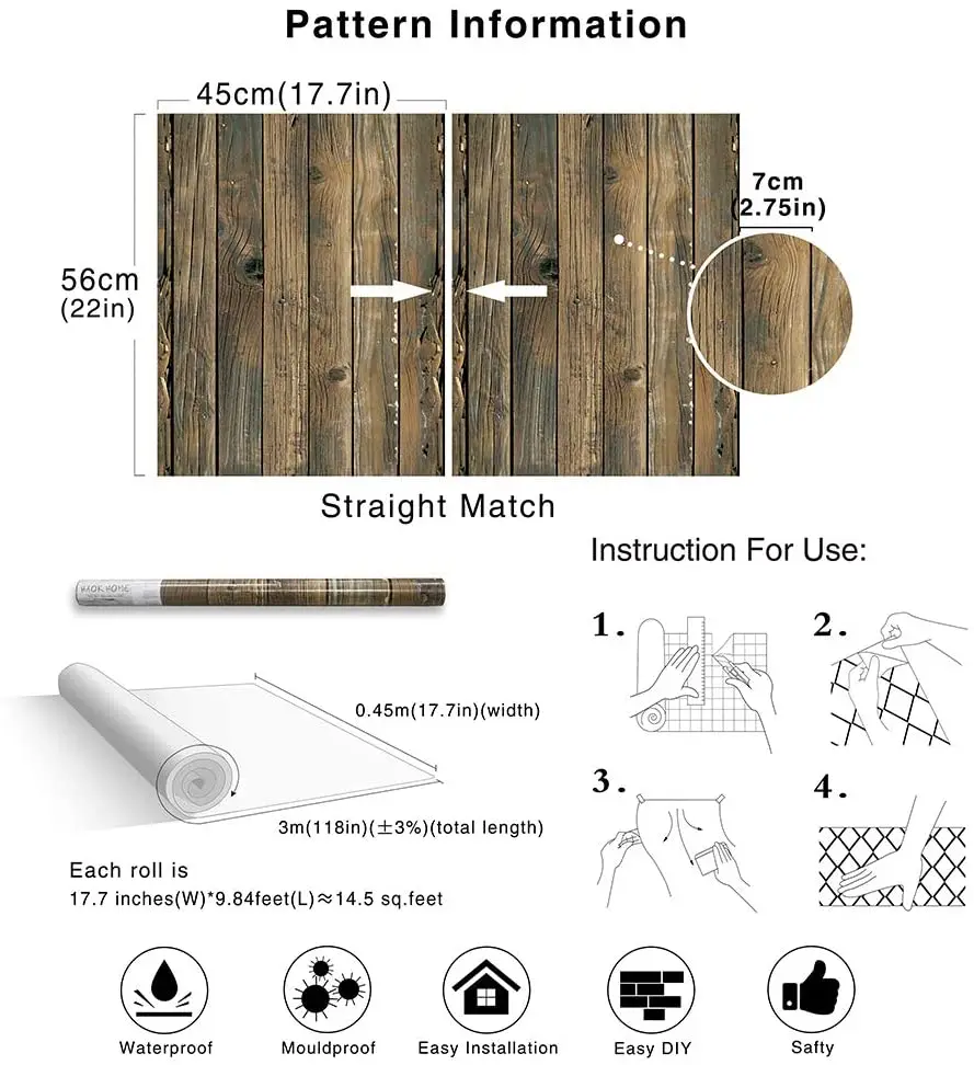 

HaoHome Self Adhesive Wall Paper Faux Wood Grain Peel and Stick Wood Wallpaper Vinyl waterproof Wall Stickers