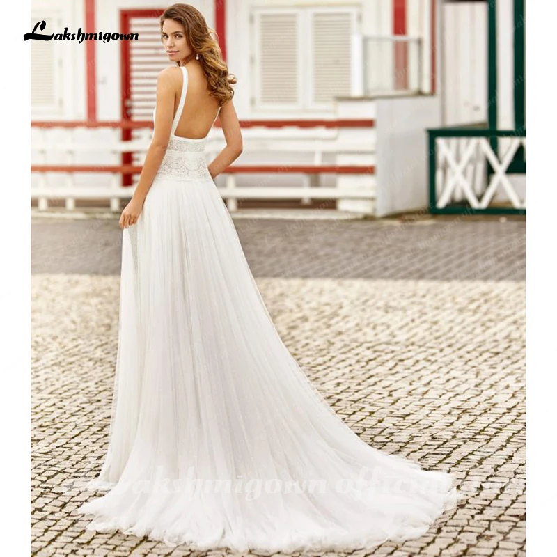

Sexy Beach Wedding Dresses Boho Backless A Line Lace Appliques Ivory Tulle Bridal Gowns Vestido De Mariee