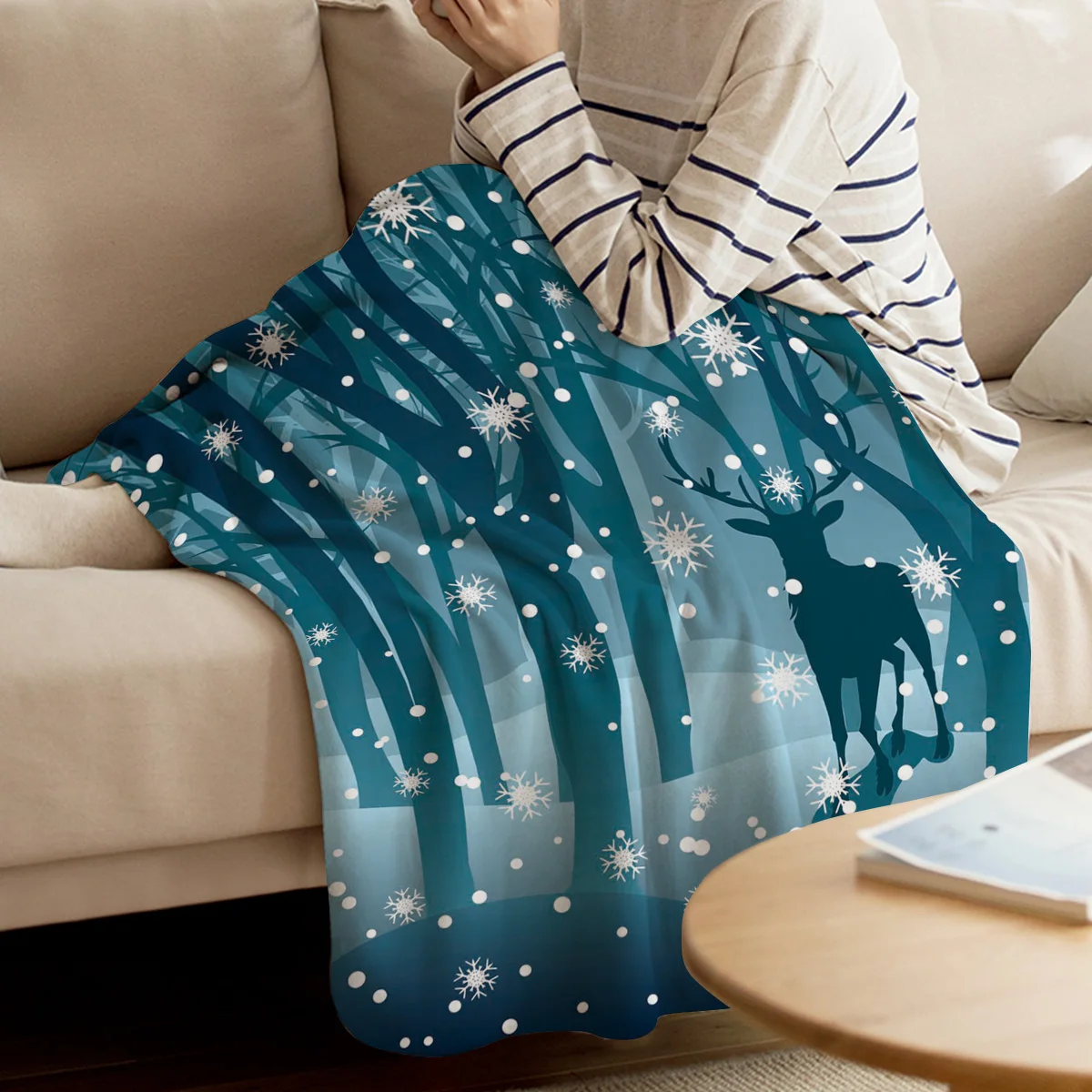 Лось Снежинка лес силуэт синее рождественское покрывало Забавный принт мягкий