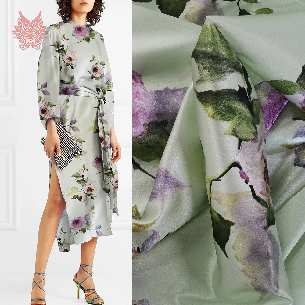 Зеленая с фиолетовым цветочным принтом спандекс шелковая ткань для платья