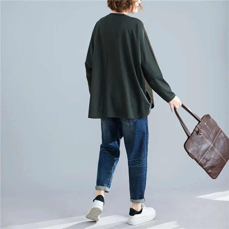 

2019 Spring Autumn Women Vintage Elegant Solid Spliced Tops Ladies Female Plus Large Batwing Sleeve Loose Irregular Blouse Shirt