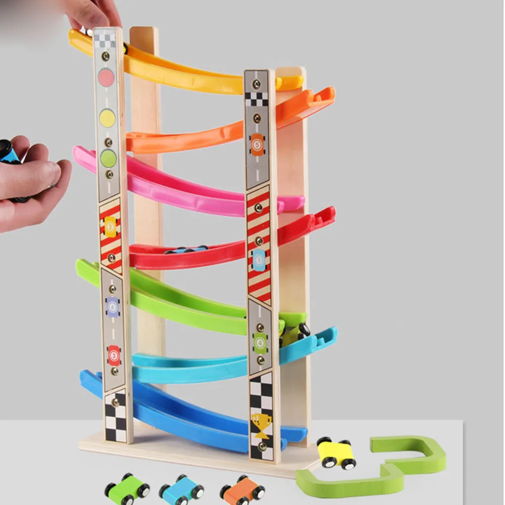 Wooden 7-layer Ramp Race Track & 8 Mini Inertia Car Sliding Toy Vehicel&ampTrain Baby Toddler Motor Skill Developmental Kids Gift |