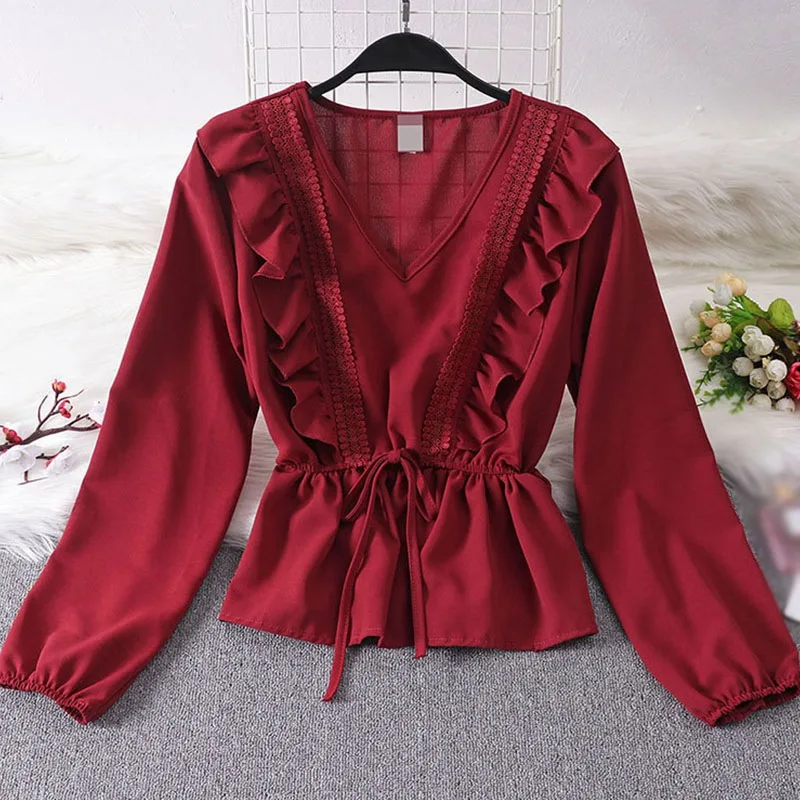 

Spring Women Lace-up Waist Blouse Slimming Ruffled Lantern Sleeve Shirt Sweet Chiffon Lady Tops,