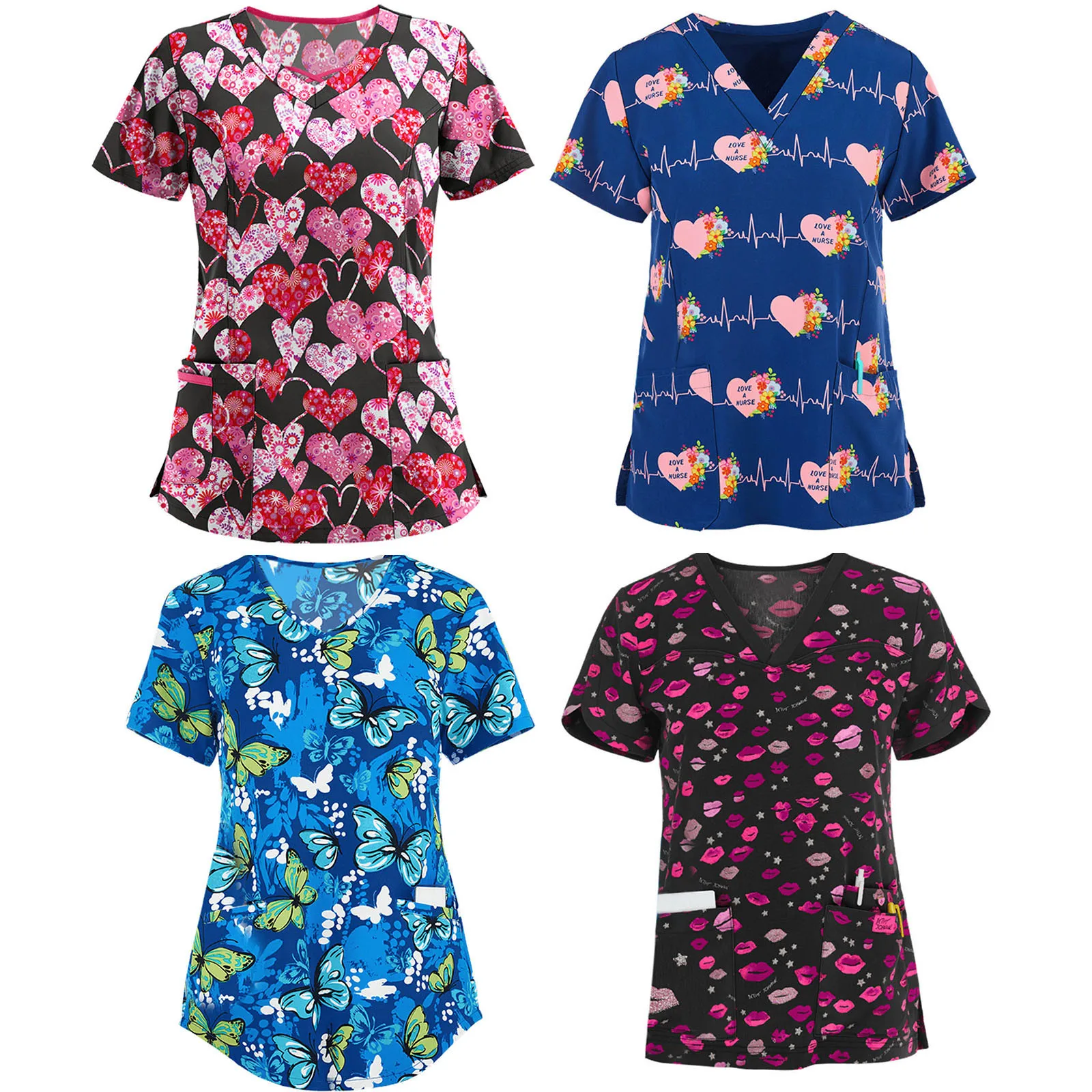 

2021 Summer NEW Workwear Top For Women Ladies Plus Size Hot Sale Cartoon Printed Short Sleeve Sexy V-Neck Nurse Uniform Blouse