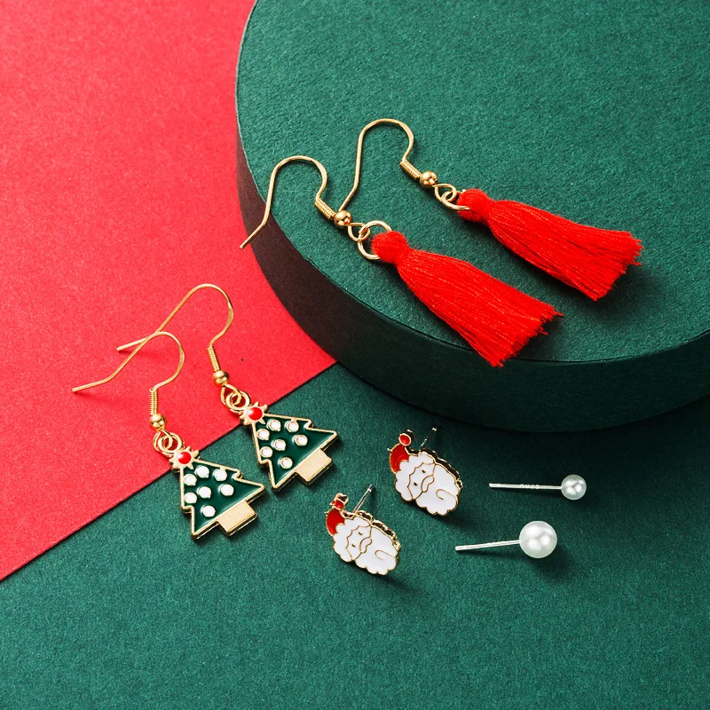 

2020 3pair New Red Christmas Gold Plated Jewelry Sets for Women Adjustable Ring Long Tassel Drop Earring Stud Earing Set Gifts