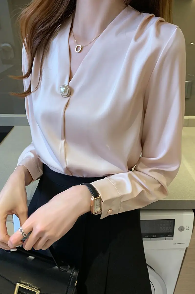 

COIGARSAM Full Sleeve blouse women New Spring V-Neck blusas womens tops and blouses White Pink Black 5175