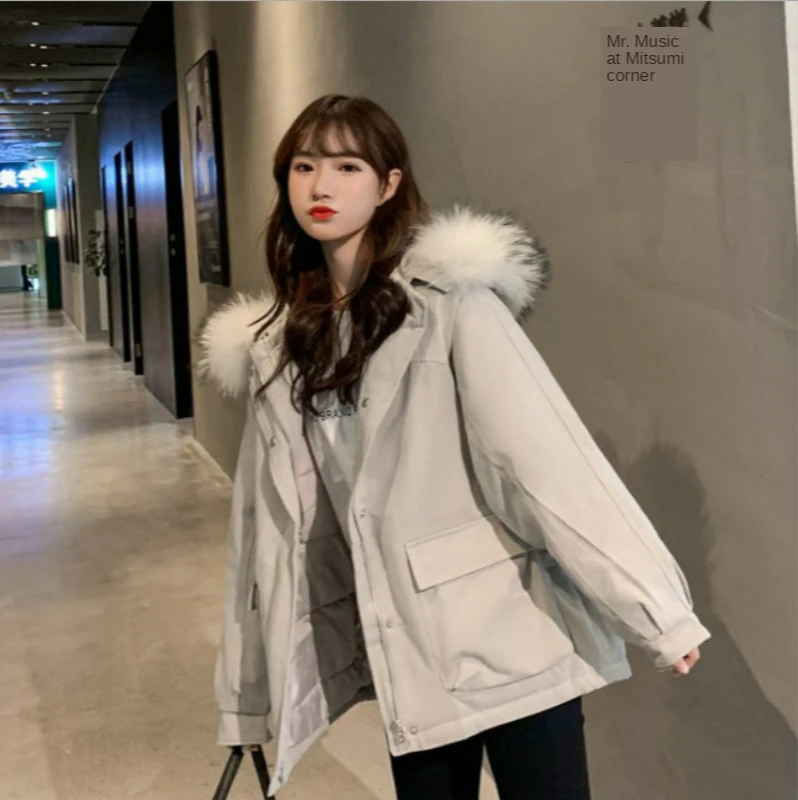 

New Winter Women's Down Jacket Fashion Loose Fur Collar White Duck Down Hooded Jacket Women Outdoor Leisure Short Cotton Jacket