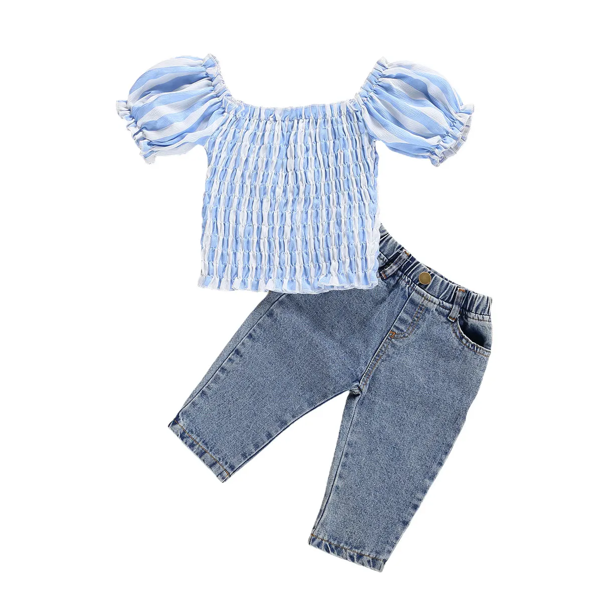 

Infant Kids Baby Suit Set Striped U-Neck Short Sleeve Top Elastic Shirt Solid Color Jeans for Girls