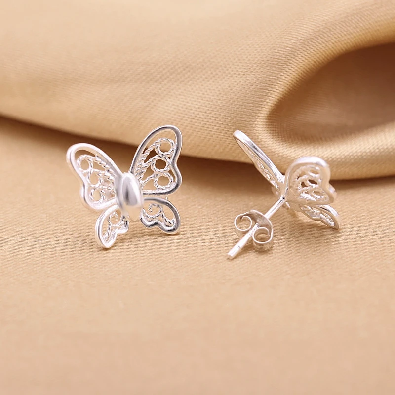 

999 Pure Silver Stud Earrings Sterling Silver Women's Elegant Brushed Hollow Butterfly Earrings Exaggerated Hook Studs Silver Ac