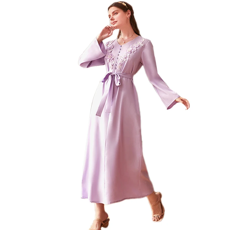 

Women Muslim Long Dress Flower Appliques Elegant Abaya V-neck Maxi Robe Gown Party Evening Luxury Ramadan Islamic Arab Jilbab