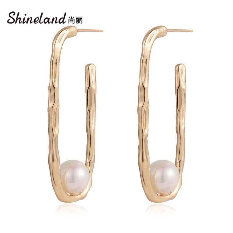 

Shineland 2021 Unusual Bijoux Simulated Pearl Stud Earrings For Women Party Geometric Metal Brincos Fashion Punk Jewelry Gift