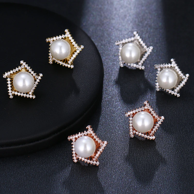 Bettyue AAA Cubic Zircon Fancy Model Pentagon Pearl In The Centre New Trendy Party Ear Studs Women And Ladies Multicolor Choice | Украшения