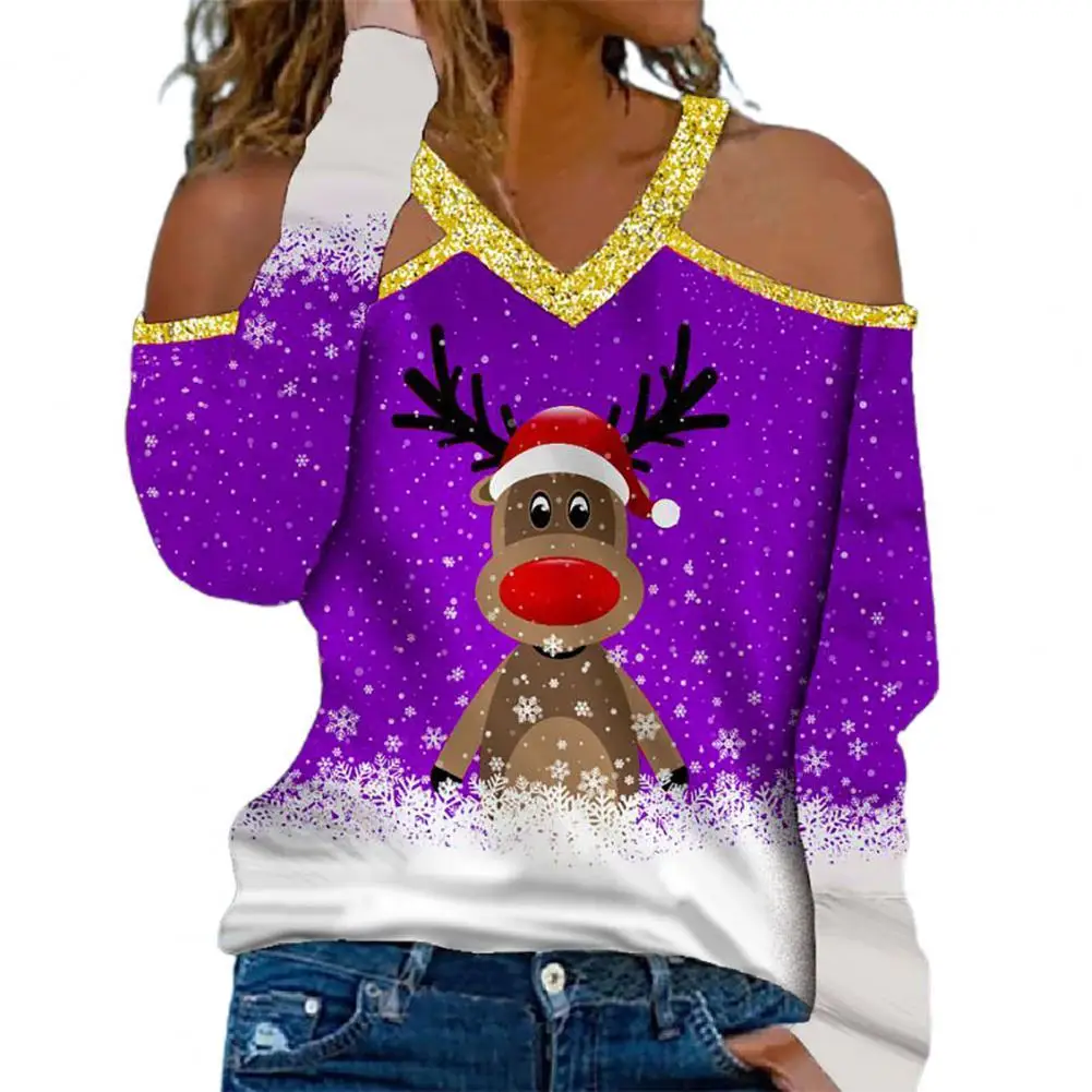 

Long Sleeve V-Neck Casual Women Blouse Autumn Elk Snowflake Print Xmas Blouse Top Streetwear Women's Clothing 2021