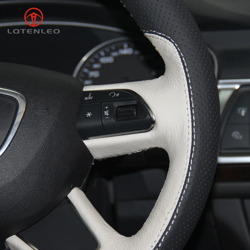 

LQTENLEO Black White Leather DIY Car Steering Wheel Cover for Audi A4 (B8) 2013-2016 A7 2012-2013 A8 2011-2018 Allroad 2013-2014