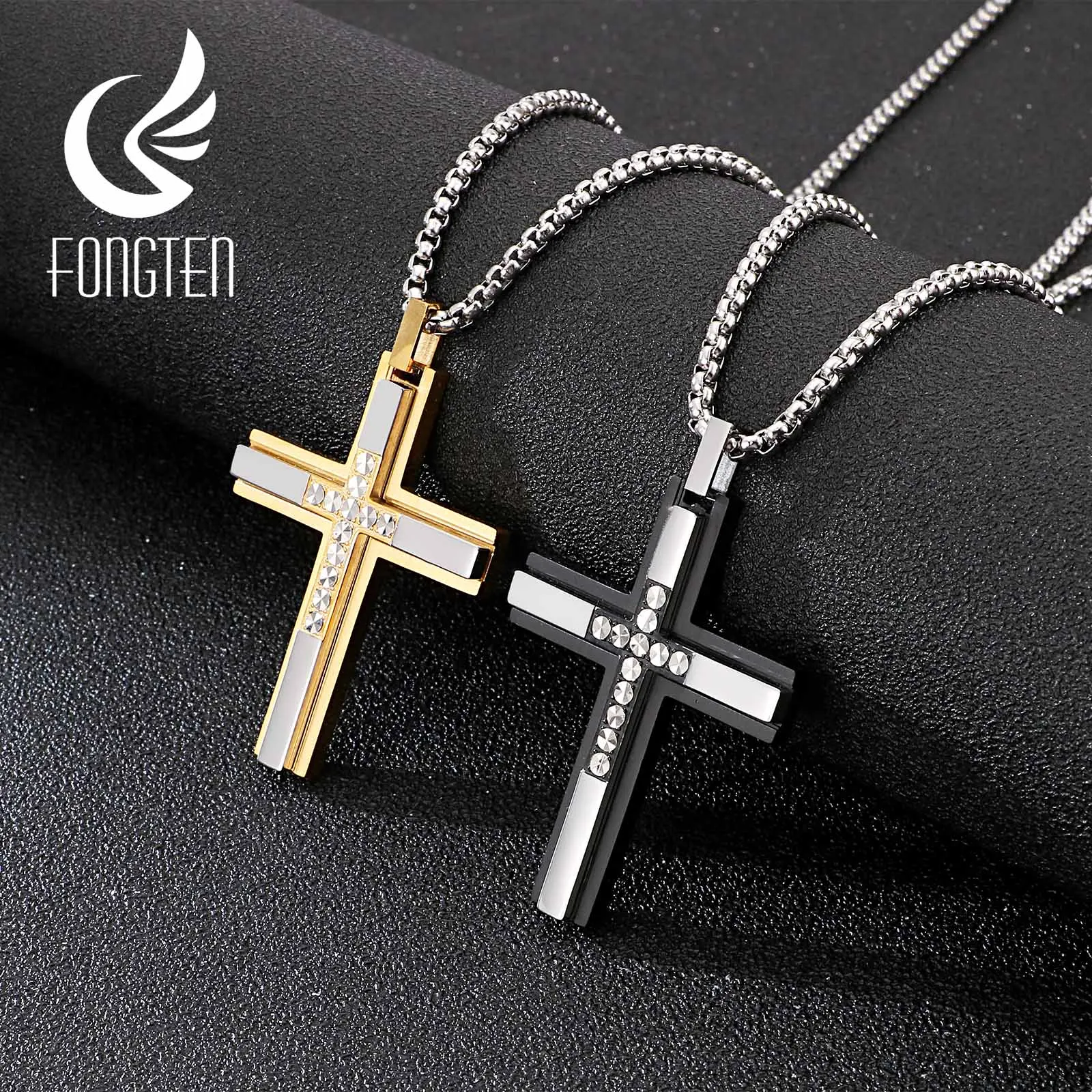 Fongten подвеска черного Креста с Иисусом ожерелье из нержавеющей стали длинная