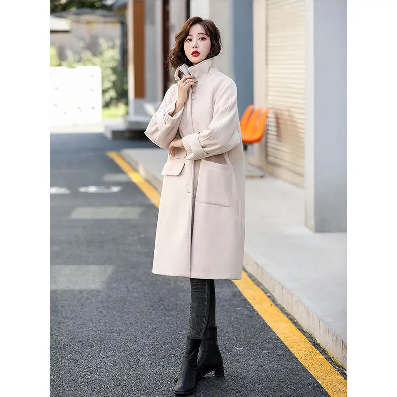 

FTLZZ Autumn Winter New Women Wool Coat Medium Long Loose Elegant Long sleeve Single Breasted Fashion Slim Knee-Length Coat
