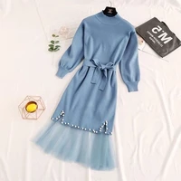winter cashmere dresses autumn elegant beaded high collar solid color elegant loose mid length knitted sweater dress knitwear