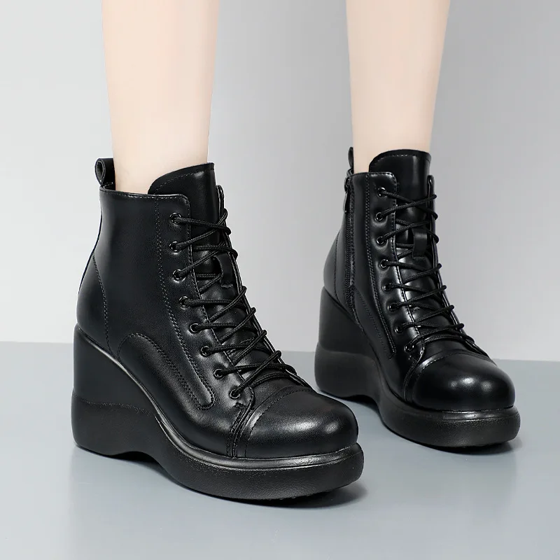 

Fashion Platform Women Female Wedges Mid-Calf Leather Botas Mujer Round Toe British Style Modern Botas Altas Mujer Shoes 32-43