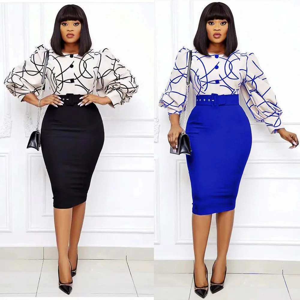 

African Clothing New Fashion Dashiki Dress Women Long-Sleeved Printing Stitching Office Small Fragrance Elegant Beautiful Dress