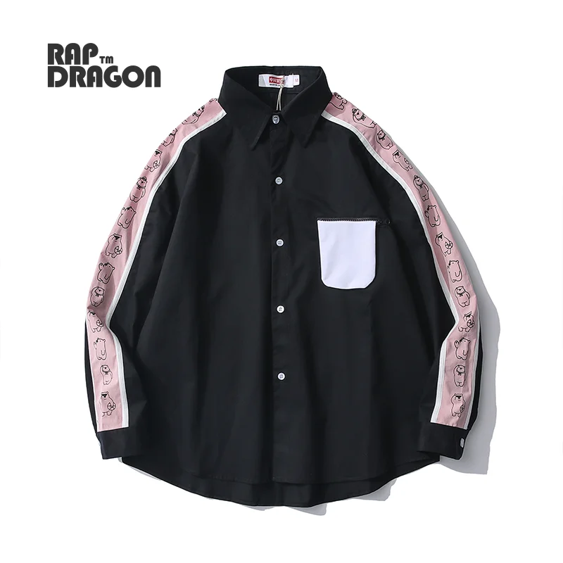 

Men's Oversized Shirt Harajuku Stitching Shirt Streetwear 2021 Long-sleeved Lapel Pocket Retro Korean Fashion Clothes Autumn Top