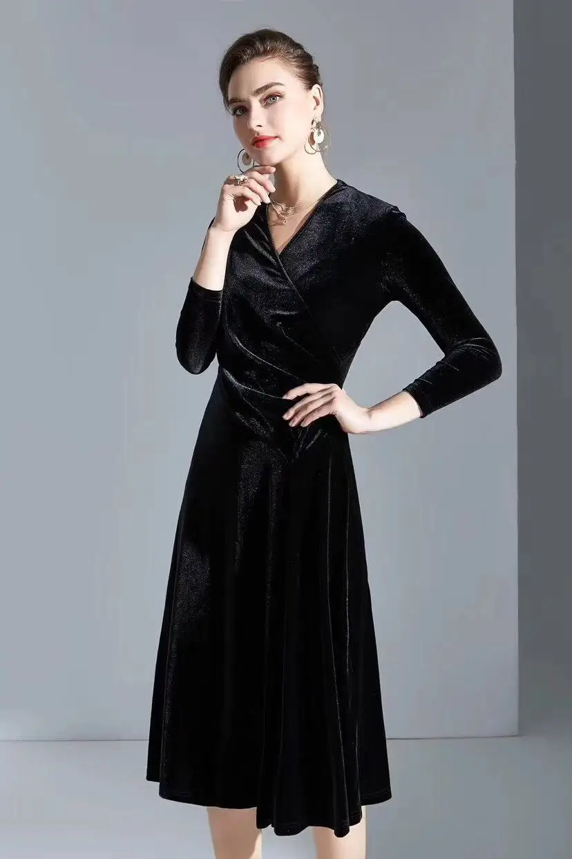 Черное темно-серое бархатное платье 2019 осень зима винтажные вечерние женские с