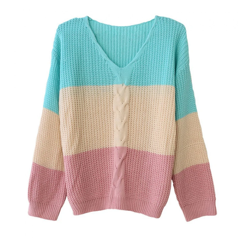 Artguy новые женские модные свитера с длинным рукавом цветным блоком и v-образным