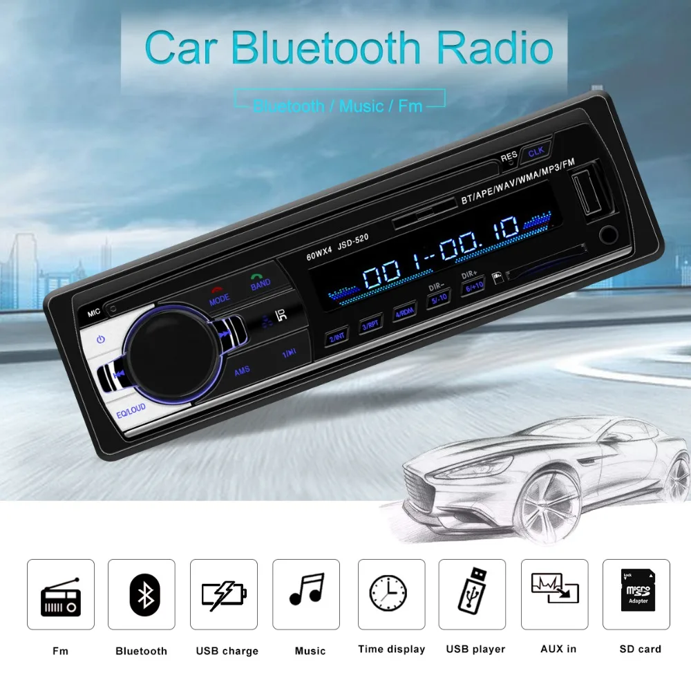 Автомагнитола jsd 520 12 в Bluetooth, автомобильный стерео In-dash 1 Din, FM, Aux вход, поддержка Mp3/MP4, USB, MMC, WMA, AUX IN, TF, автопроигрыватель
