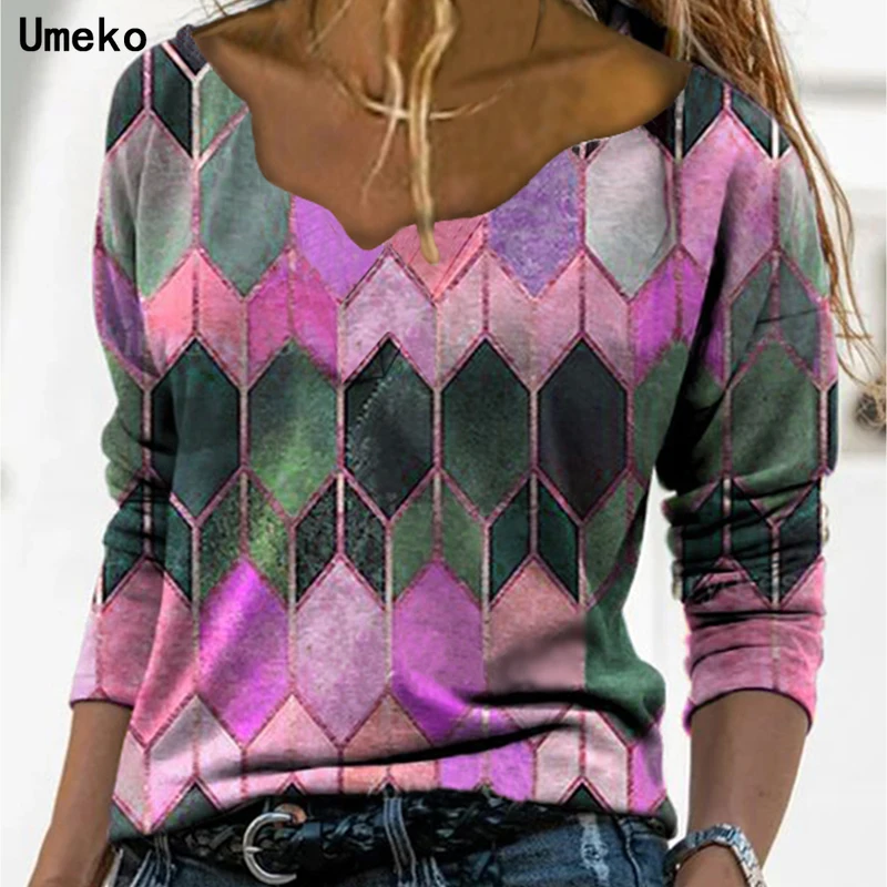 

Contrast Color Plus Size 5XL V-neck Long Sleeve Loose T Shirt for Women Spring Autumn Y2K Clothing Geometry Tee Top Tshirt