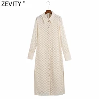 zevity women elegant hollow out embroidery side split shirtdress female long sleeve breasted vestidos chic midi dresses ds8611