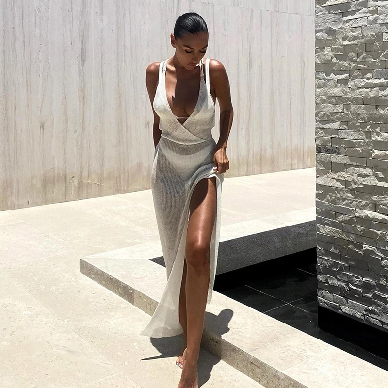 

New Fashion V-Neck Halter Lace-Up Perspective Crochet Beach Sling Dress
