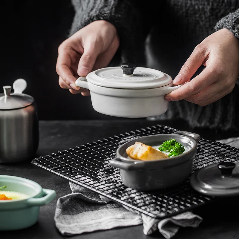 Мини керамическая кастрюля с крышкой пудинг тыква суп матовое двойное ухо