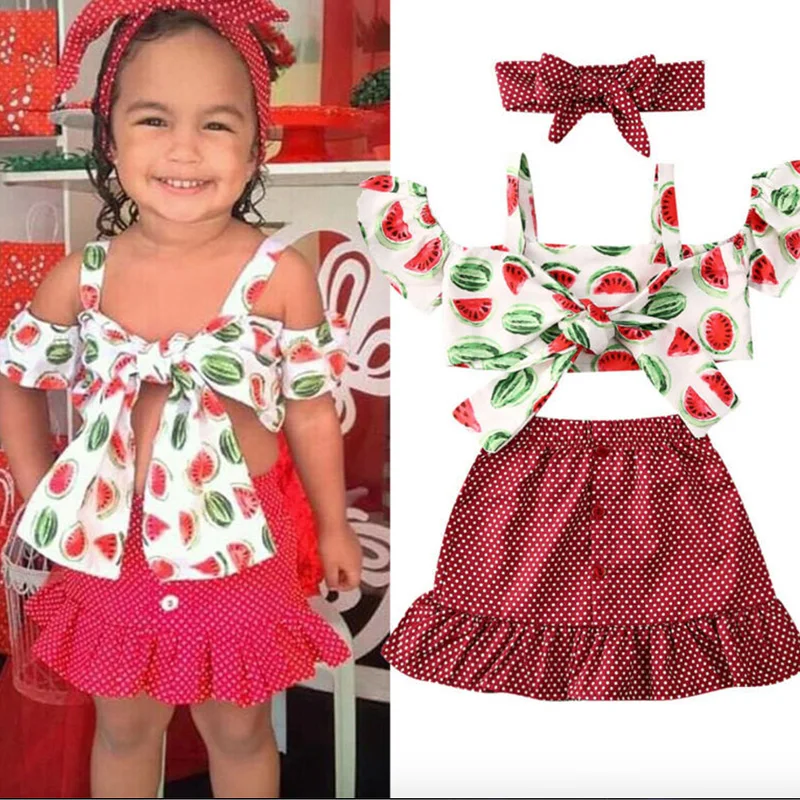 

1-6Y Summer Girls Clothing Sets Baby Kids Clothes Suit Children watermelon suspender top+polka dot skirt suit 3Pcs girl clothing