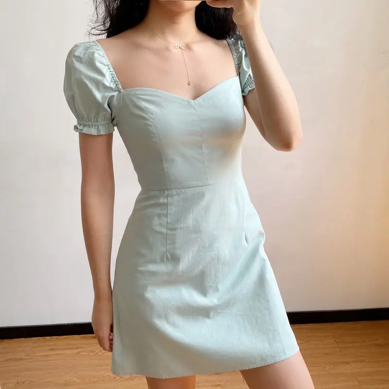 

2021 Summer Women Sweet Square Collar Blue Green Sexy Bodycom Dresses Puff Sleeve High Waist A-line Elegant Vintage Mini Dress