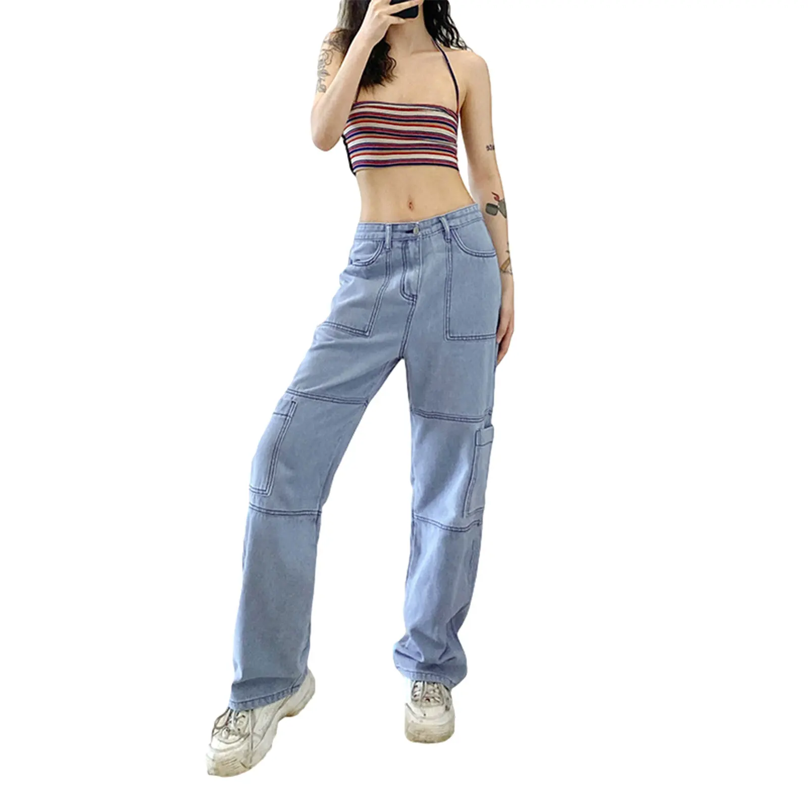 

Women Boyfriend Straight Leg Jeans, Casual High Waist Solid Color Stitch Loose Denim Pants