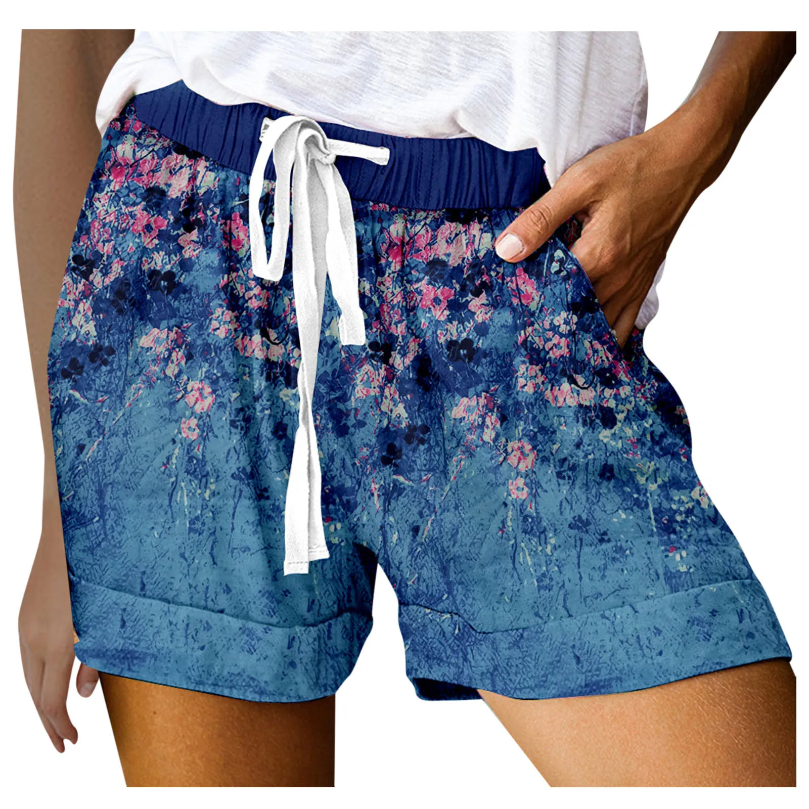 

40# Women Shorts Pants Drawstring Elastic Waist Loose Floral Print Pockets Mini Shorts Casualplus Size Shorts