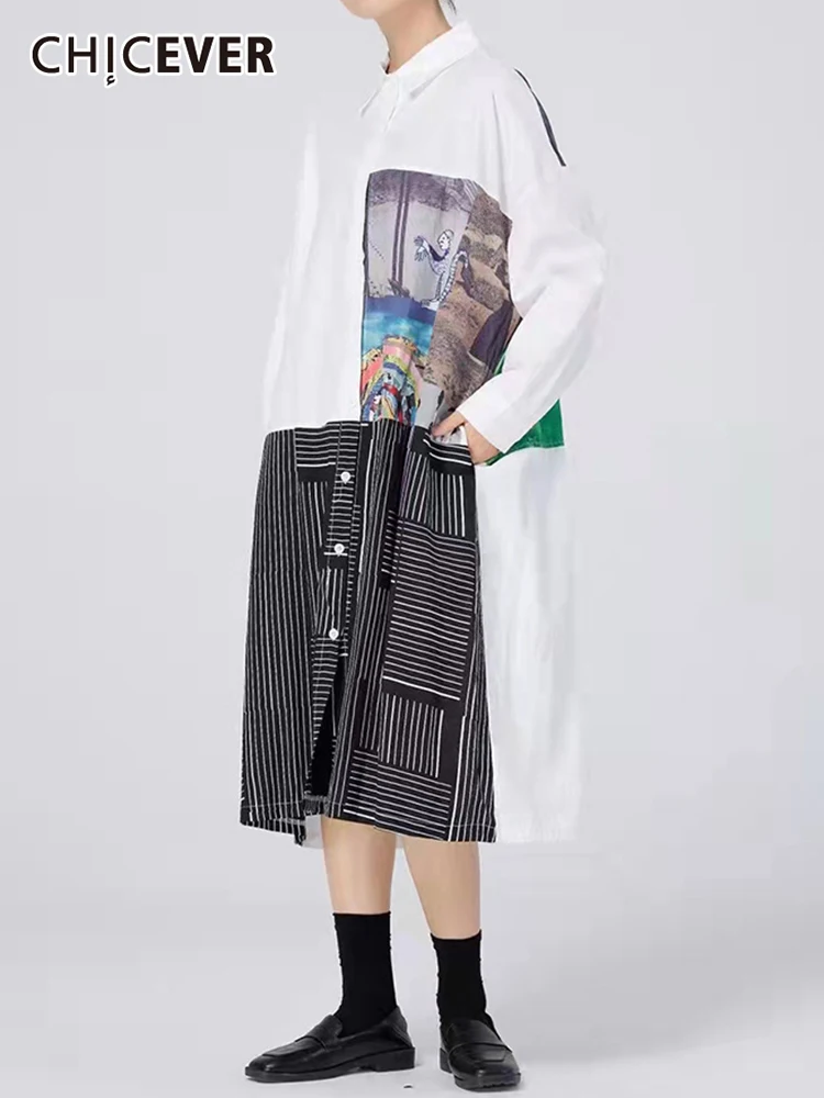 

CHICEVER лоскутное цветное платье для женщин с отложным воротником с длинным рукавом Свободные миди платья Женская корейская модная одежда Нов...