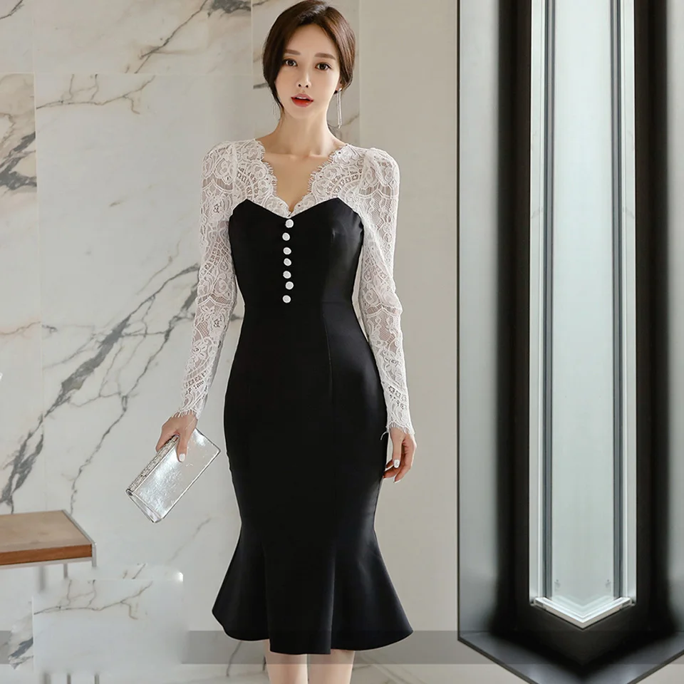 Женское офисное платье с длинным рукавом элегантное черное ажурное V-образным